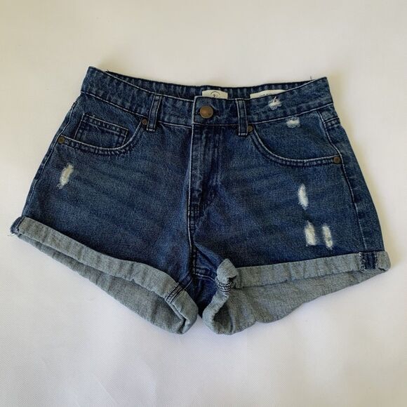 Cotton On Mid Saturday Denim Shorts Women 4 Dark  Roll Cuff Distressed Festival - Picture 1 of 8